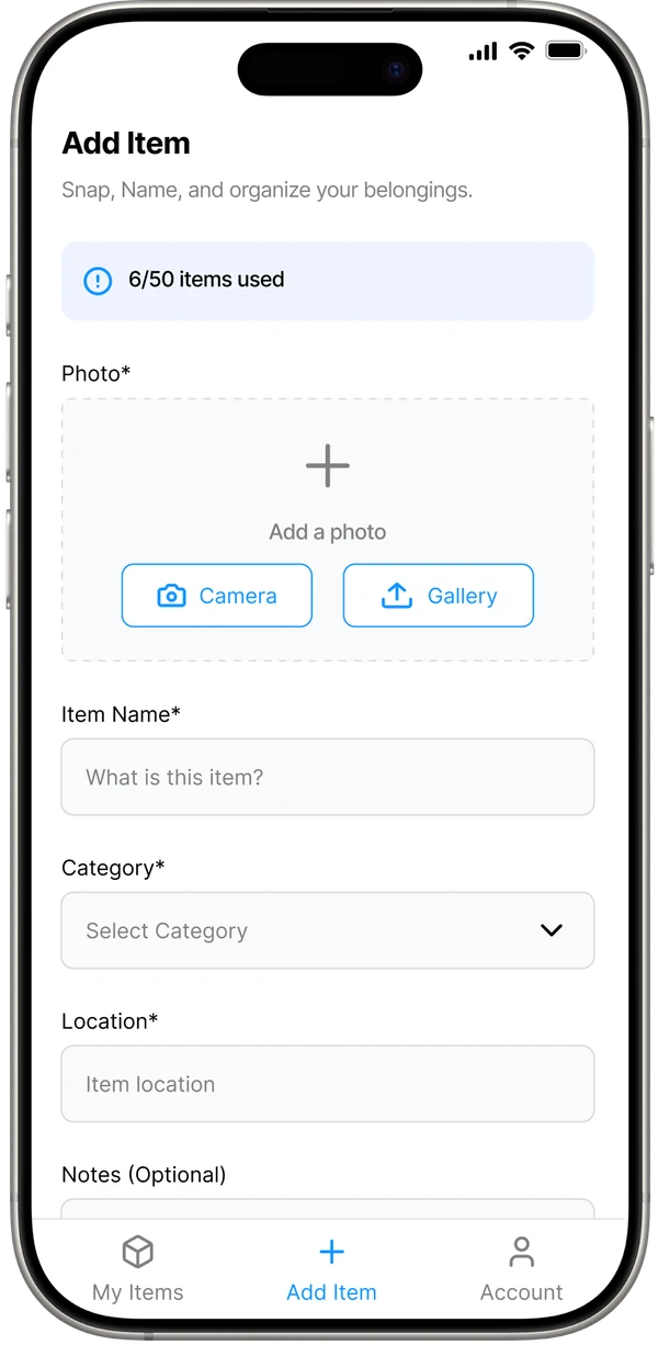 The iFoundIt add item screen, with buttons to add a photo from the camera or the gallery, above fields for the item name, category and location